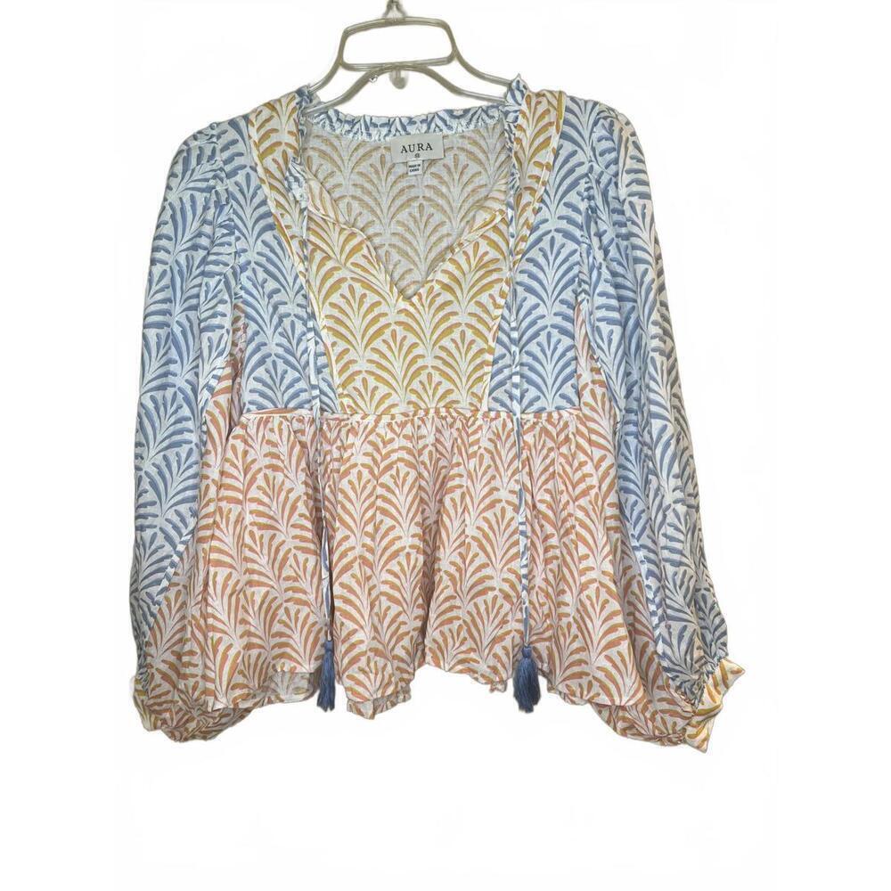 Aura Women's Patterned Linen Boho Long Sleeve Blouse with Tassels Baby Doll XS